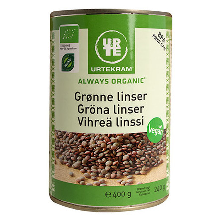 Urtekram Linser grønne i dåse Øko 400 gr.