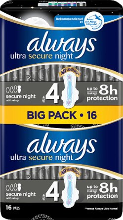 Always Ultra Secure Night bind med vinger (str. 4) 16 stk.