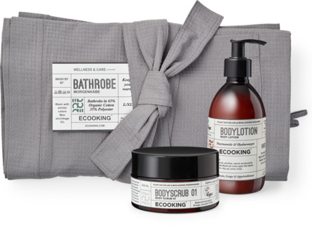 Ecooking Morgenkåbe Lysegrå og Bodylotion samt Body Scrub Str. S/M