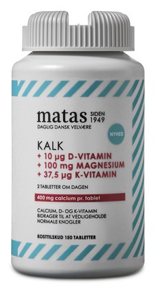 Matas Striber Kalk 400 mg +Magnesium 100 mg +D-vitamin 10 µg + K-vitamin 37,5 µg 150 tabl.