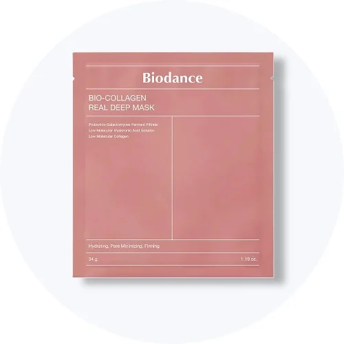 Her ses en Biodance Bio-Collagen Real Deep Mask i lyserød emballage på en lys baggrund.