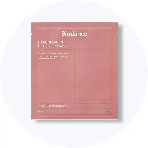 Her ses en Biodance Bio-Collagen Real Deep Mask i lyserød emballage på en lys baggrund.