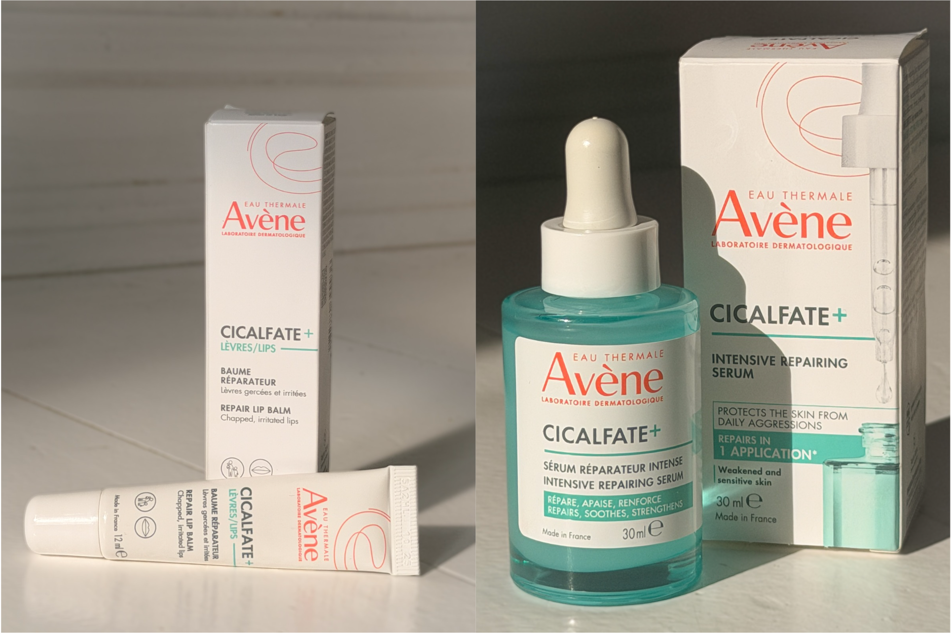 To produkter fra Avène Cicalfate+: En hvid læbepomade til sprukne læber og et lyseblåt intensivt reparerende serum.