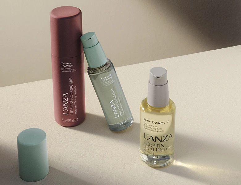 Tre L'ANZA hårprodukter: Healing Colorcare Trauma Treatment, Healing Strength Neem Plant Silk Serum og Keratin Healing Oil.
