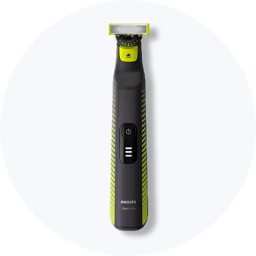 Her ses en Philips OneBlade trimmer i sort og limegrøn på en lys baggrund.