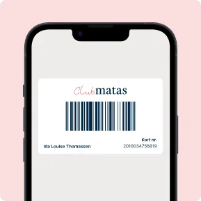 Her ses en lyserød baggrund med en mobil på matas-appen. Den er inde på et medlemskort.