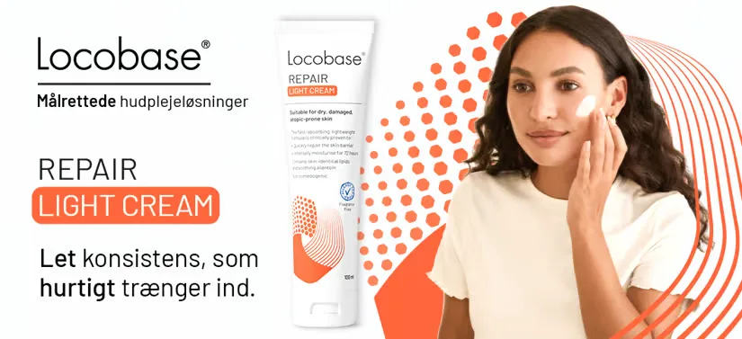 Her ses en hvid baggrund med sort og orange skrift. Der er en creme og en kvinde, som tager den i ansigtet. Bag hende er orange mønstre. 