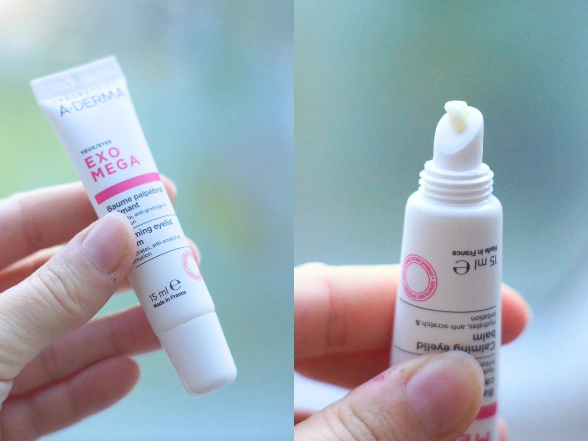A-DERMA EXOMEGA beroligende øjenlågsbalsam, 15 ml. Billedet viser tuben og dens applikator med balsam.