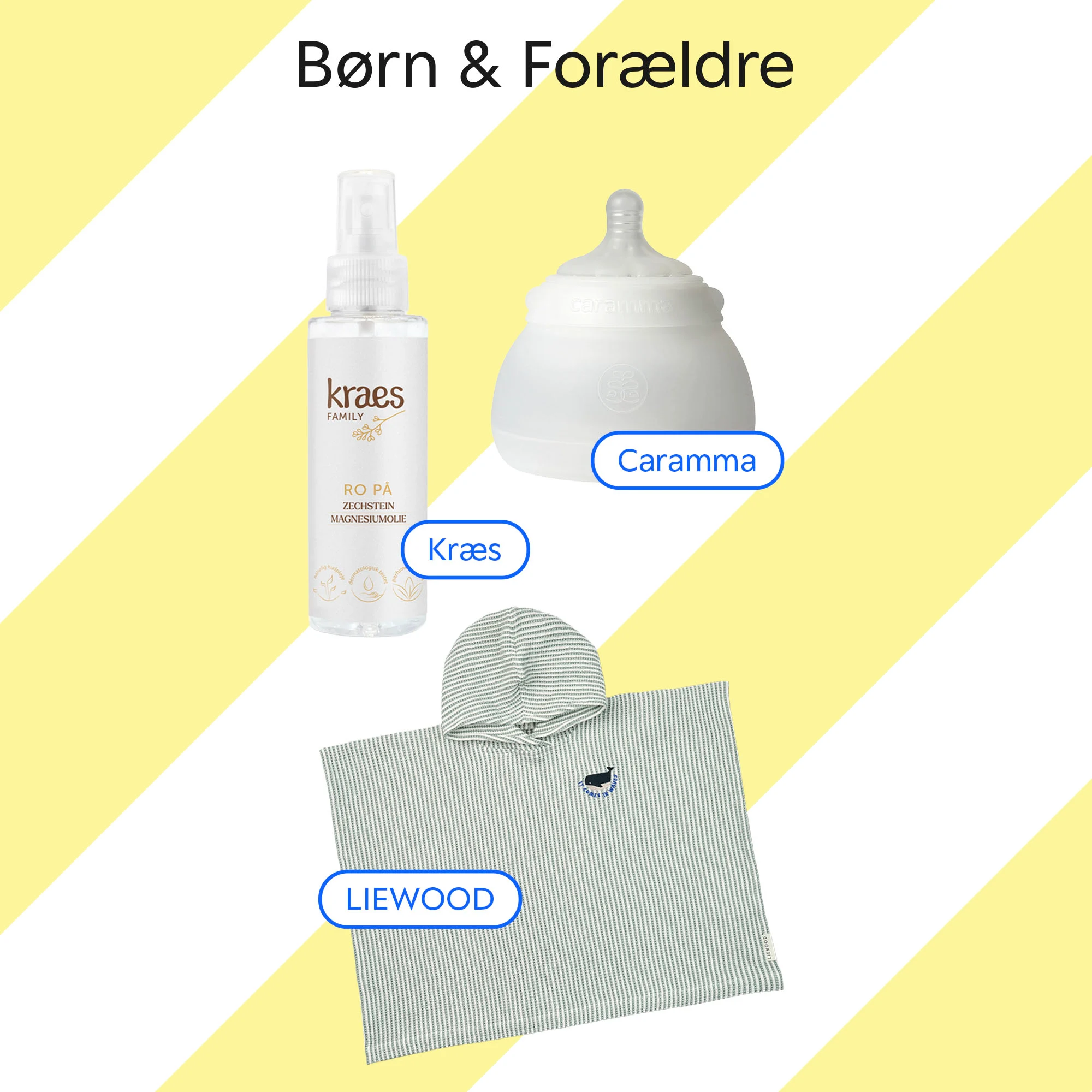 Banner med teksten “Børn & Forældre” på gul og hvidstribet baggrund, med produkter fra Caramma, Kraes og Liewood