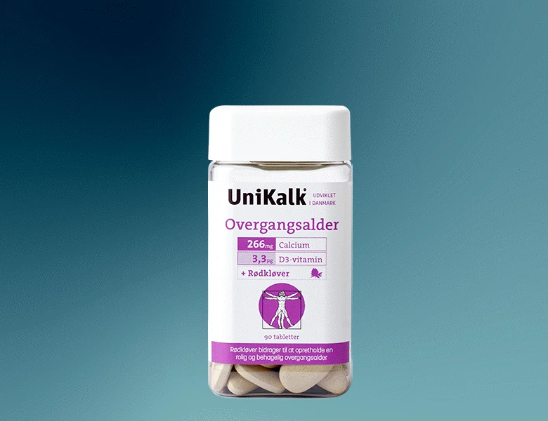 Her ses et UniKalk produkt med lilla detaljer. Baggrunden er blå.