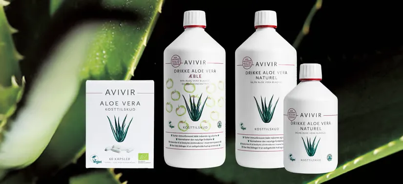 Her ses fire forskellige AVIVIR produkter. I baggrunden er der mørke aloe vera blade.