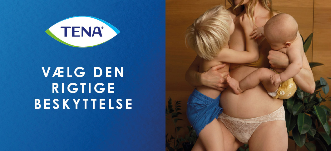 TENA-banner med blå baggrund og teksten “Vælg den rigtige beskyttelse” ved siden af en kvinde, der holder to små børn.