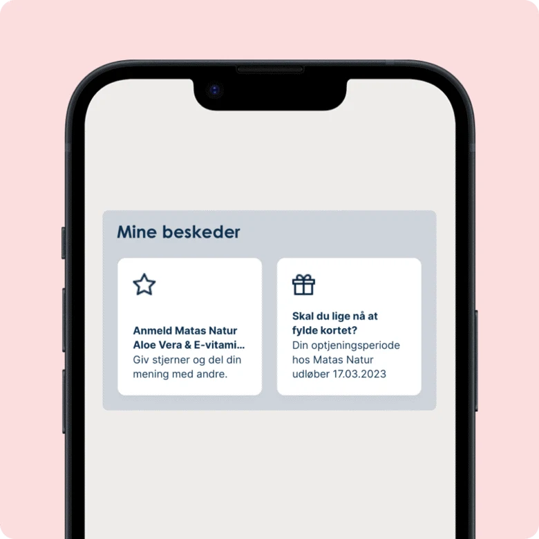 Her ses en lyserød baggrund med en mobil på matas-appen. Den er inde på "mine beskeder".