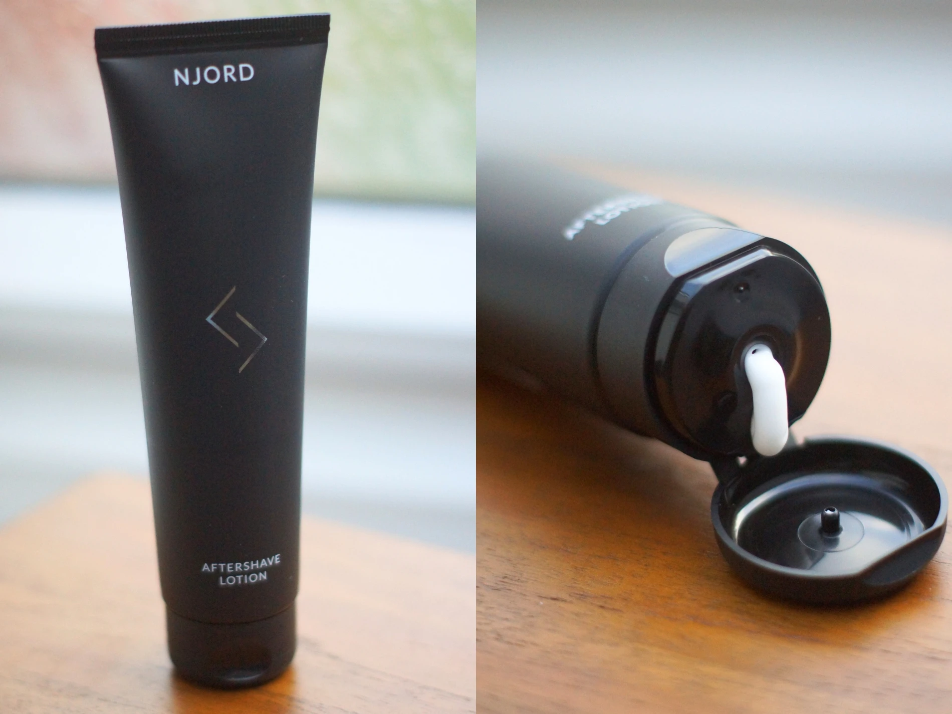 To billeder: en stående sort tube NJORD Aftershave Lotion med logo, og den samme tube med låget åbent, der dispenserer hvid lotion.