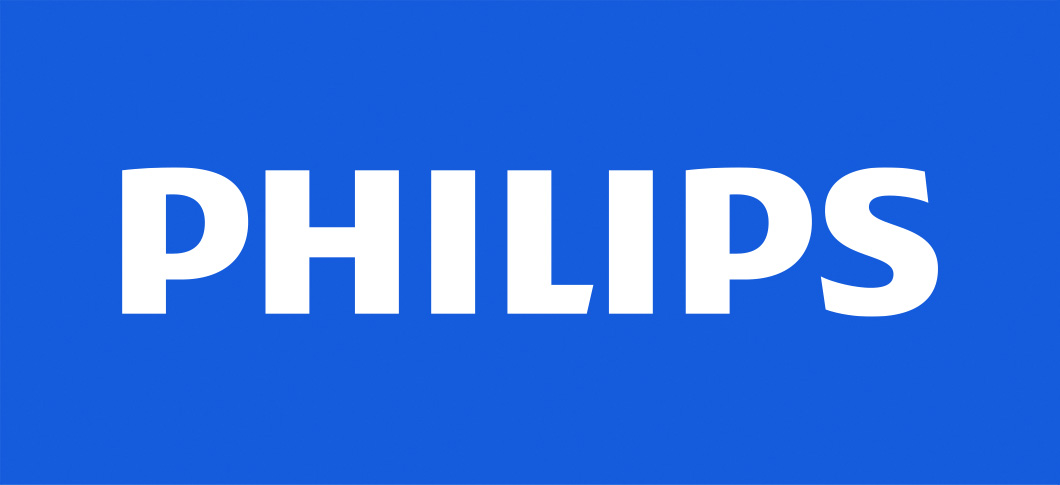 Her ses teksten “PHILIPS” i hvid på en blå baggrund.