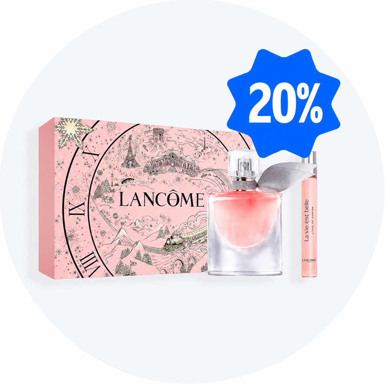 Lancôme La Vie Est Belle parfumesæt med lyserød æske og to flasker, inkl. 'L'Eau de Parfum' rejseflaske. 20% rabat.