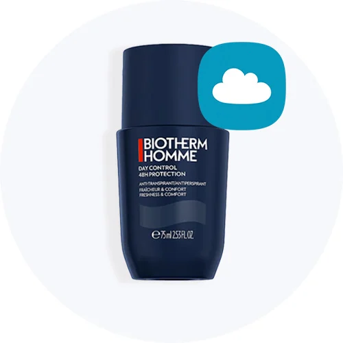 Her ses en Biotherm Homme roll-on deodorant i mørkeblå emballage på en lys baggrund med et blåt skyikon.