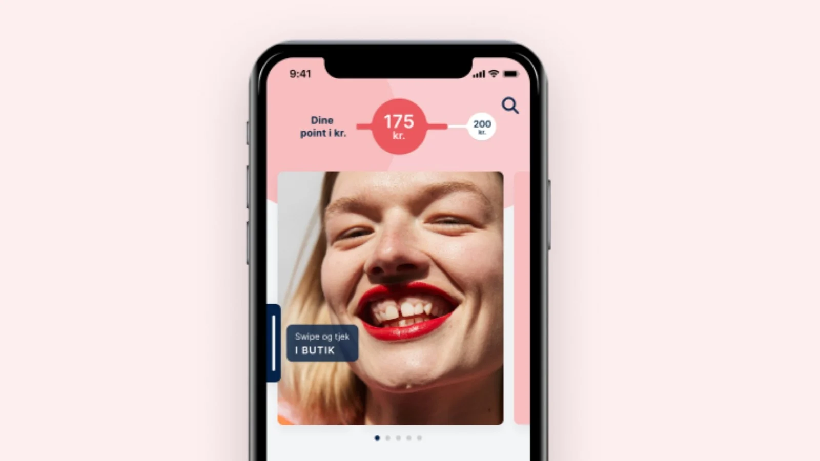 Her ses toppen af en mobilskærm, som er inde på Matas-appen. Man kan se sine point i kroner.