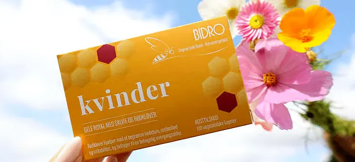 Her ses et Bidro produkt, som holdes op mod e lyseblå himmel. Der er desuden nogle blomster til højre for produktet. 