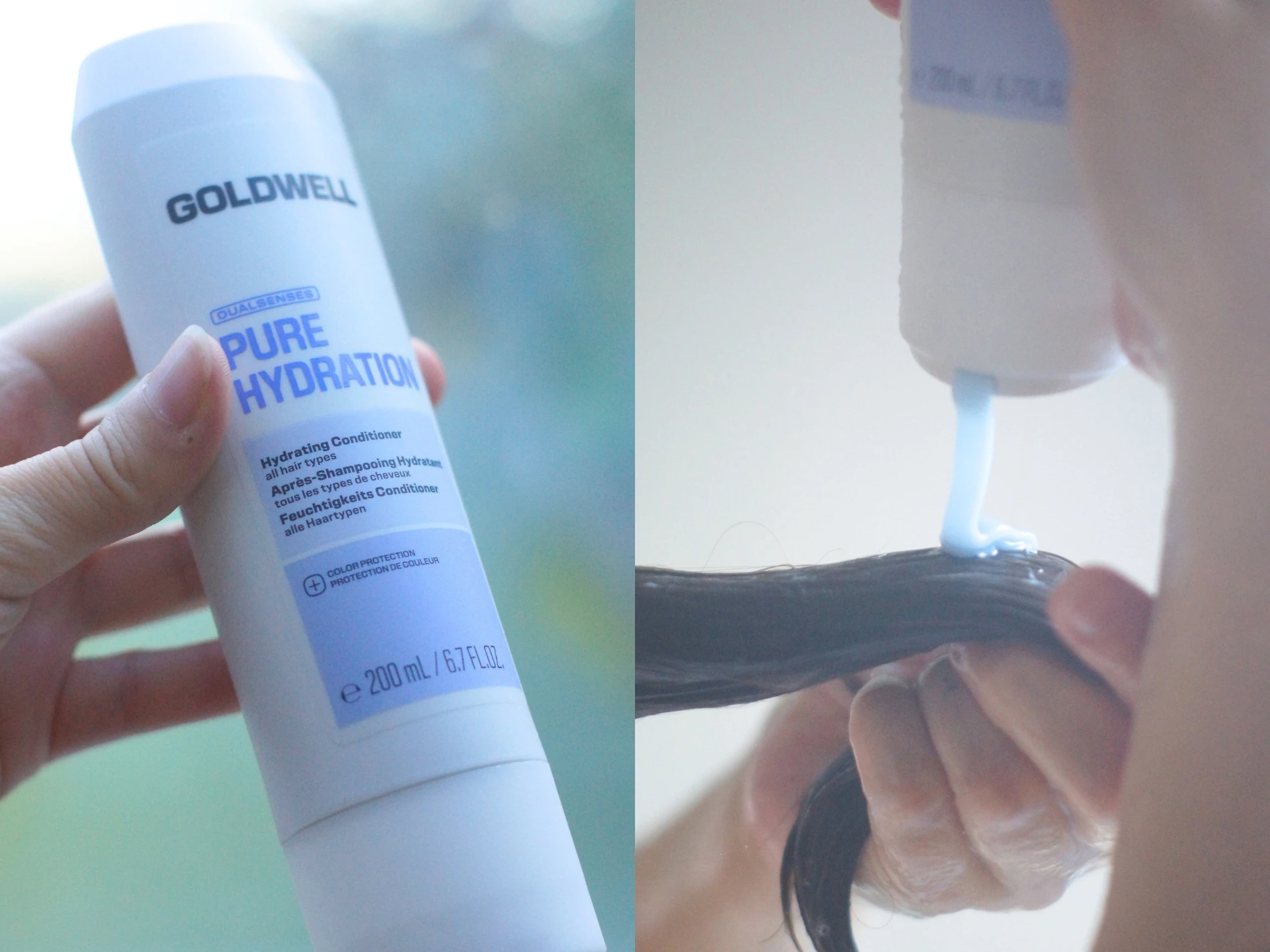 Goldwell Dualsenses Pure Hydration Hydrating Conditioner (200 ml) flaske og påføring af den lyseblå balsam i mørkt hår.
