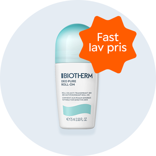 Her ses en hvid og turkis deodorant fra Biotherm. Baggrunden er lyseblå. 