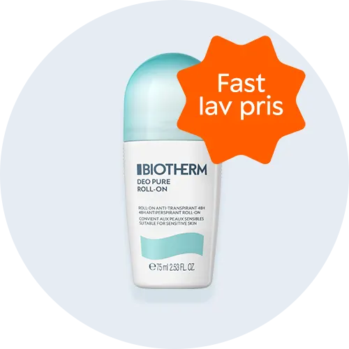 Her ses en hvid og turkis deodorant fra Biotherm. Baggrunden er lyseblå. 