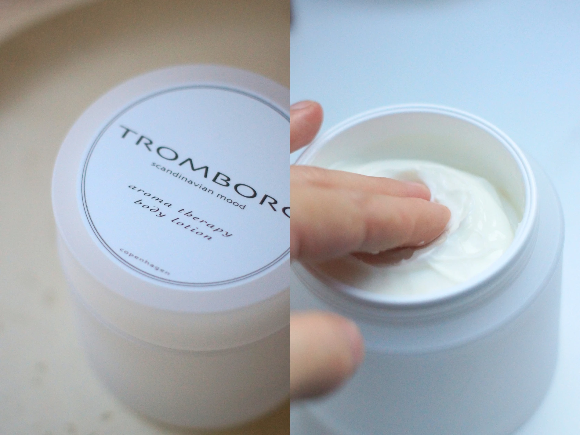 Tromborg Scandinavian Mood Aroma Therapy Body Lotion krukke, hvor en hånd dypper ned i cremen.