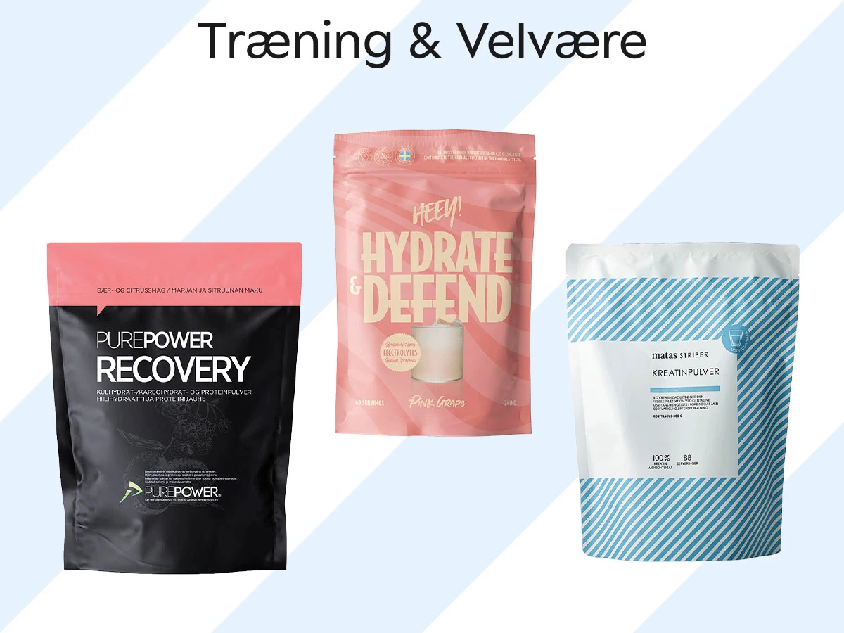 Træning og Velvære: Tre kosttilskudsposer, herunder PurePower Recovery, Heey! Hydrate & Defend og Matas Striber Kreatinpulver.