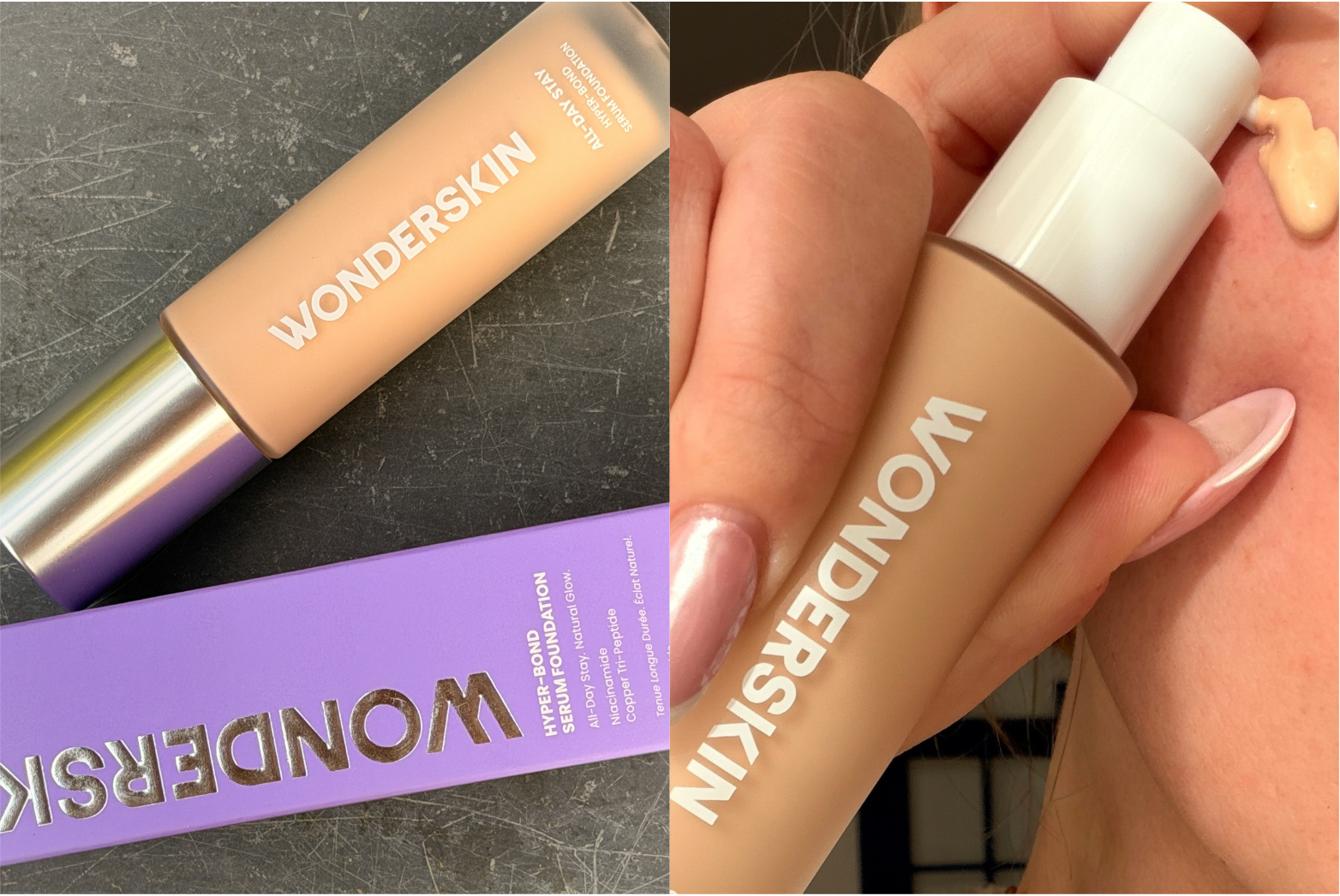WONDERSKIN HYPER-BOND SERUM FOUNDATION flaske og emballage, med teksten 'All-Day Stay, Natural Glow'. En hånd pumper foundationen ud på huden.