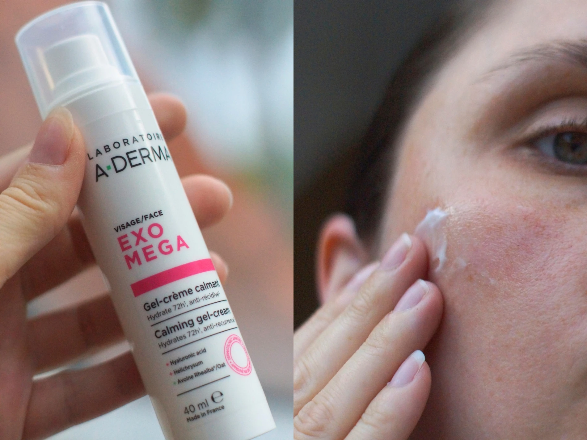 A-Derma Exomega Calming gel-cream 40ml tube holdes, med hånd der påfører creme på ansigt. Nøgletekst: 'Hydrates 72h, anti-recurrence'.