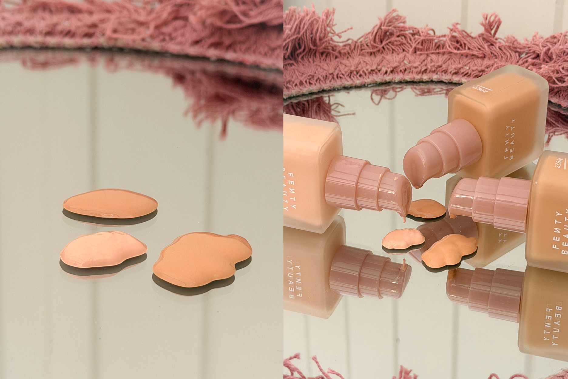 Fenty Beauty foundationflasker og dråber i flere nuancer på en spejlblank overflade, med lyserødt frynset stof.