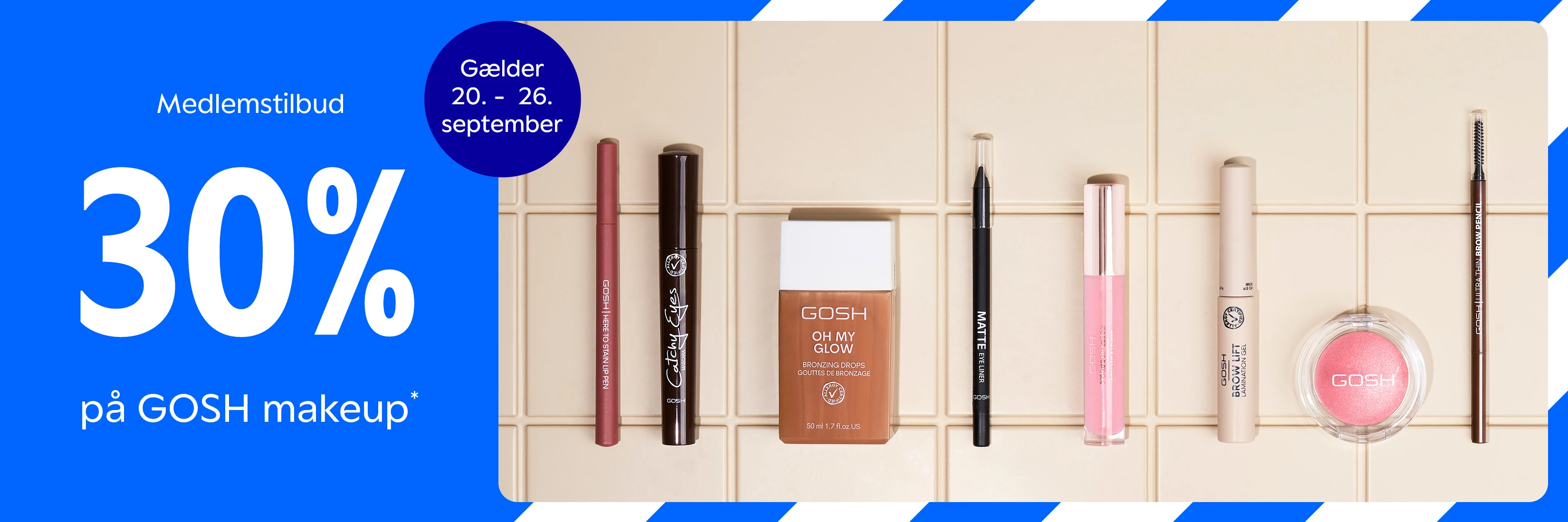 Medlemstilbud: 30% rabat på GOSH makeup. Gælder 20.-26. september. Billedet viser udvalgte GOSH makeup-produkter.
