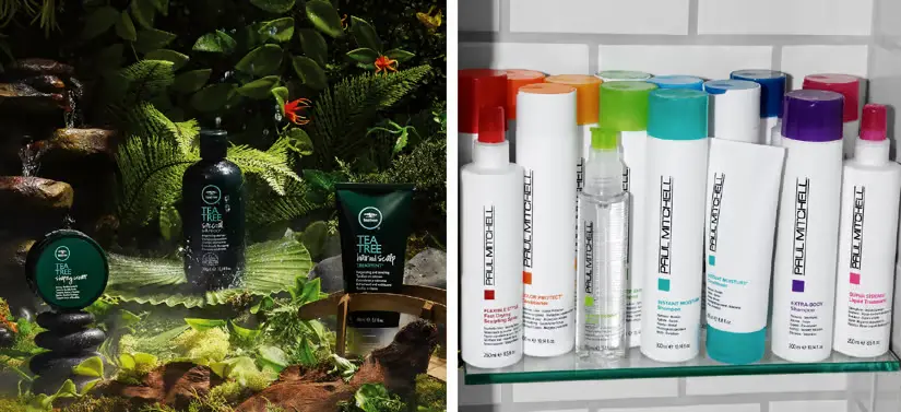 Her ses et billede opdelt i to: til venstre ses tre mørkegrønne produkter i nature og til højre ses en masse hvide og farverige produkter i et bad.