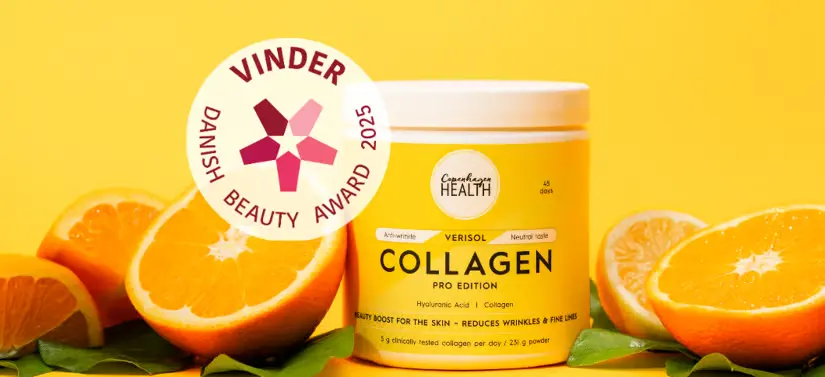Her ses et Copenhagen Health produkt med appelsiner omkring sig og en orange baggrund.