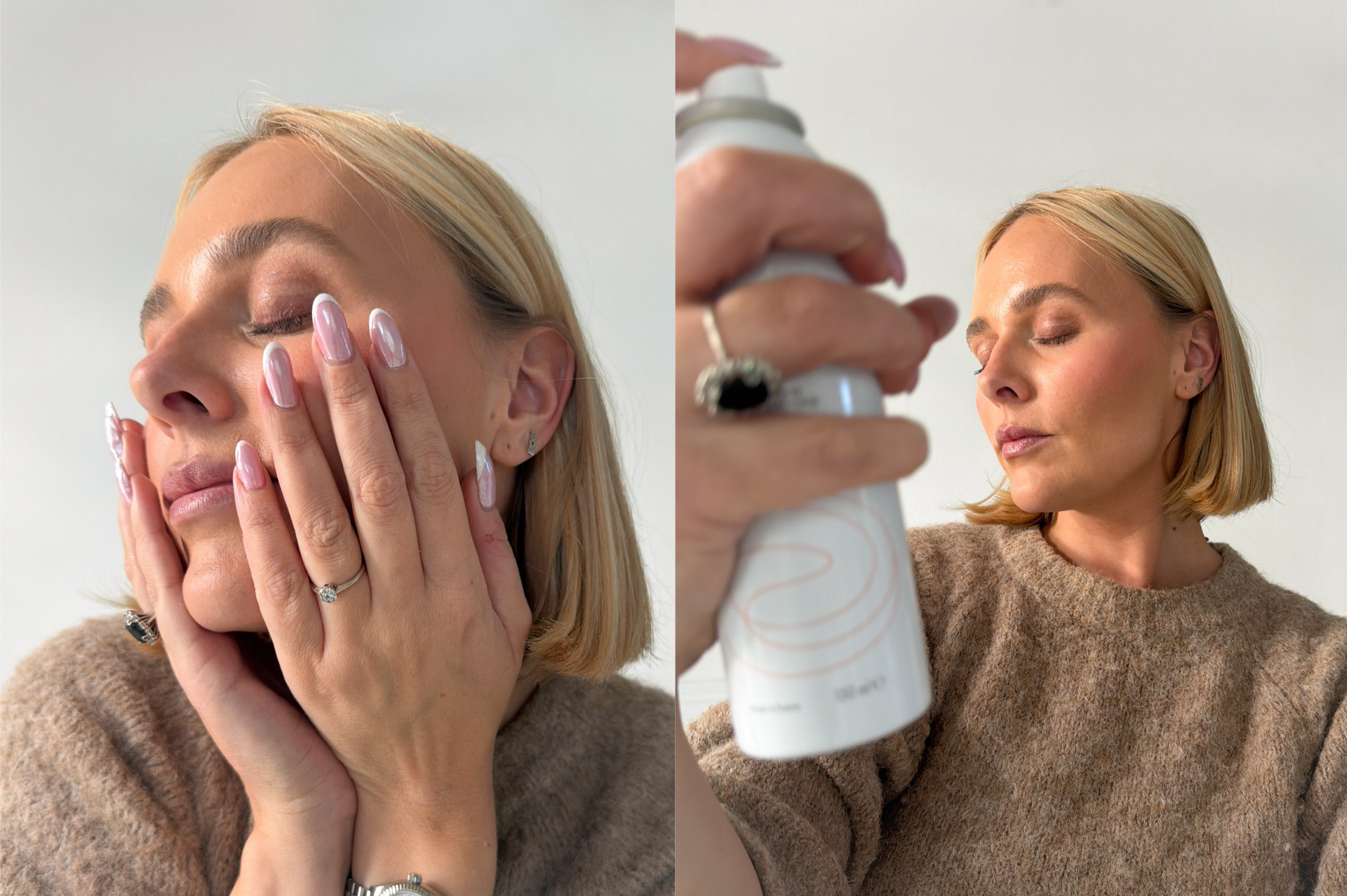 Kvinde med lukkede øjne i to billeder. Først med hænder mod ansigtet, derefter sprayer hun ansigtet med Avène termalspray.