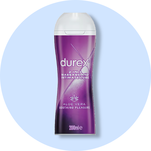 Lilla Durex 2-i-1 massage- og intim glidecreme flaske med Aloe Vera, 200 ml.