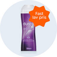 Her ses et lilla og hvidt Durex-produkt på en lyseblå baggrund.