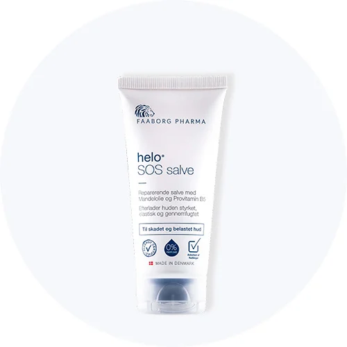 Faaborg Pharma helo SOS salve, en reparerende salve med mandelolie og provitamin B5 til skadet og belastet hud.