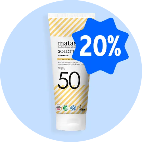 Matas Sollotion SPF 50 på lyseblå baggrund med blåt 20%-mærke.