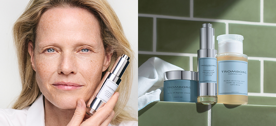 Her ses et billede, som er opdelt i to. I venstre side ses en lys baggrund og i højre side ses en mørkegrøn baggrund. Begge sider har en masse produkter på. 