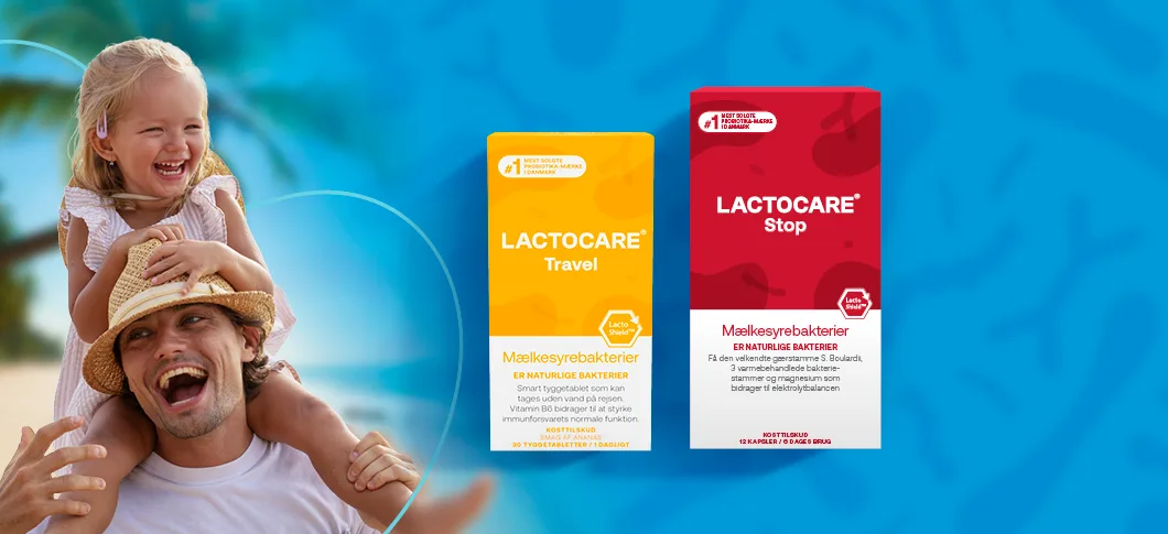 Lactocare topbanner med en smilende mand og et barn på stranden til venstre og produkterne Lactocare Travel og Lactocare Stop på blå baggrund til højre.