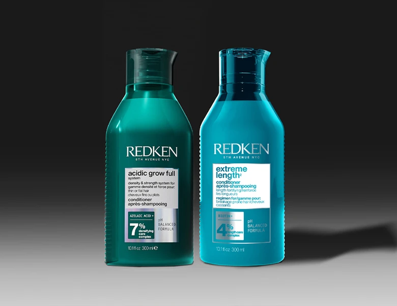 To Redken balsammer: 'acidic grow full' med 7% densifying complex og 'extreme length' med 4% length care complex.