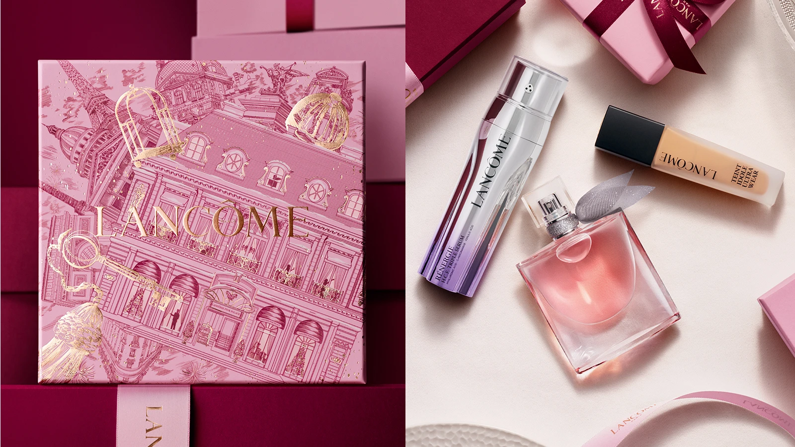 Lancome gavesæt med lyserød Paris-æske, Renergie Triple Serum, Teint Idole foundation og lyserød parfume.