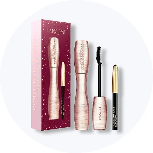 Lancôme Lash Idôle Curl Goddess mascara og Le Crayon Khôl eyeliner gavesæt i lyserød æske.