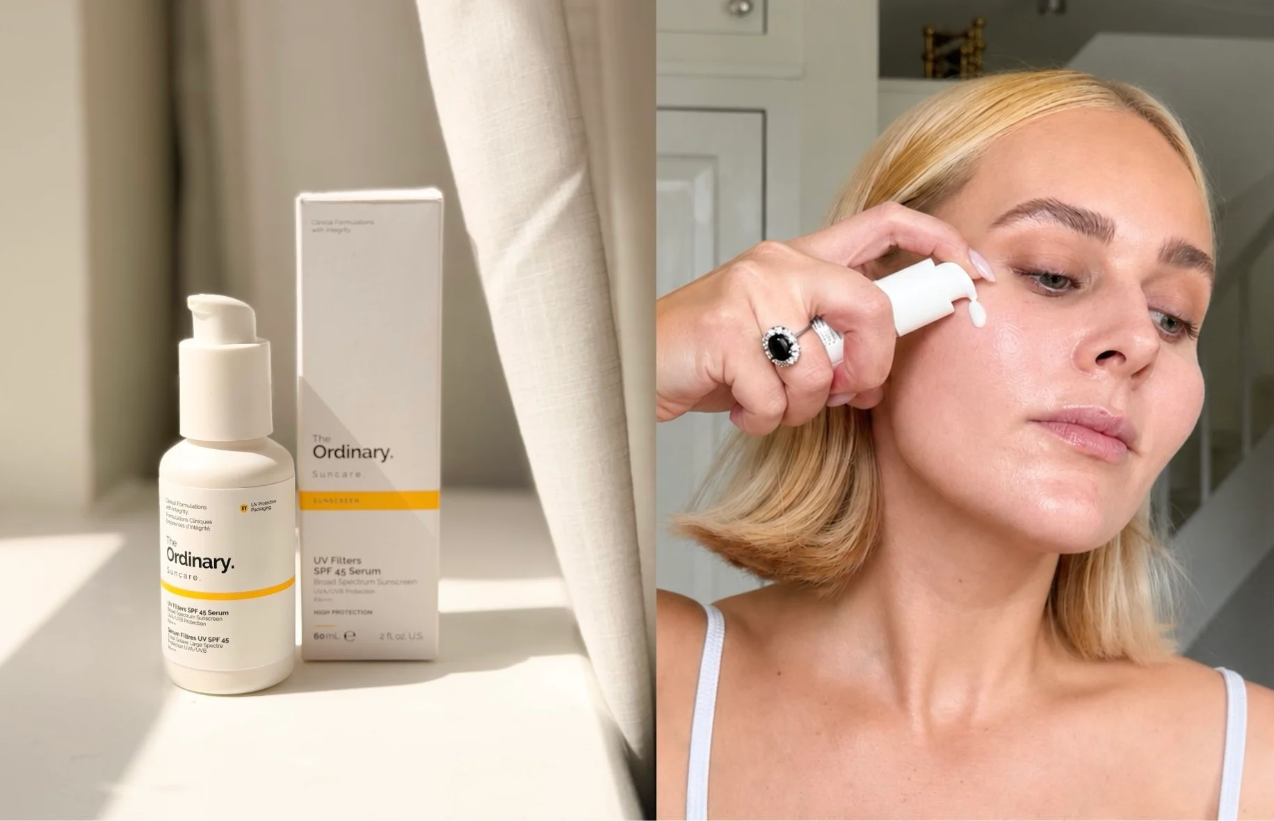 billede af en solcreme fra the ordinary og en kvinde der påfører cremen