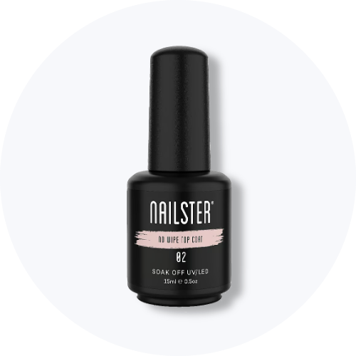 Her ses Nailster No Wipe Top Coat 02 i en sort flaske med sort låg. På emballagen står blandt andet “No Wipe Top Coat”, “02” og “Soak Off UV/LED”