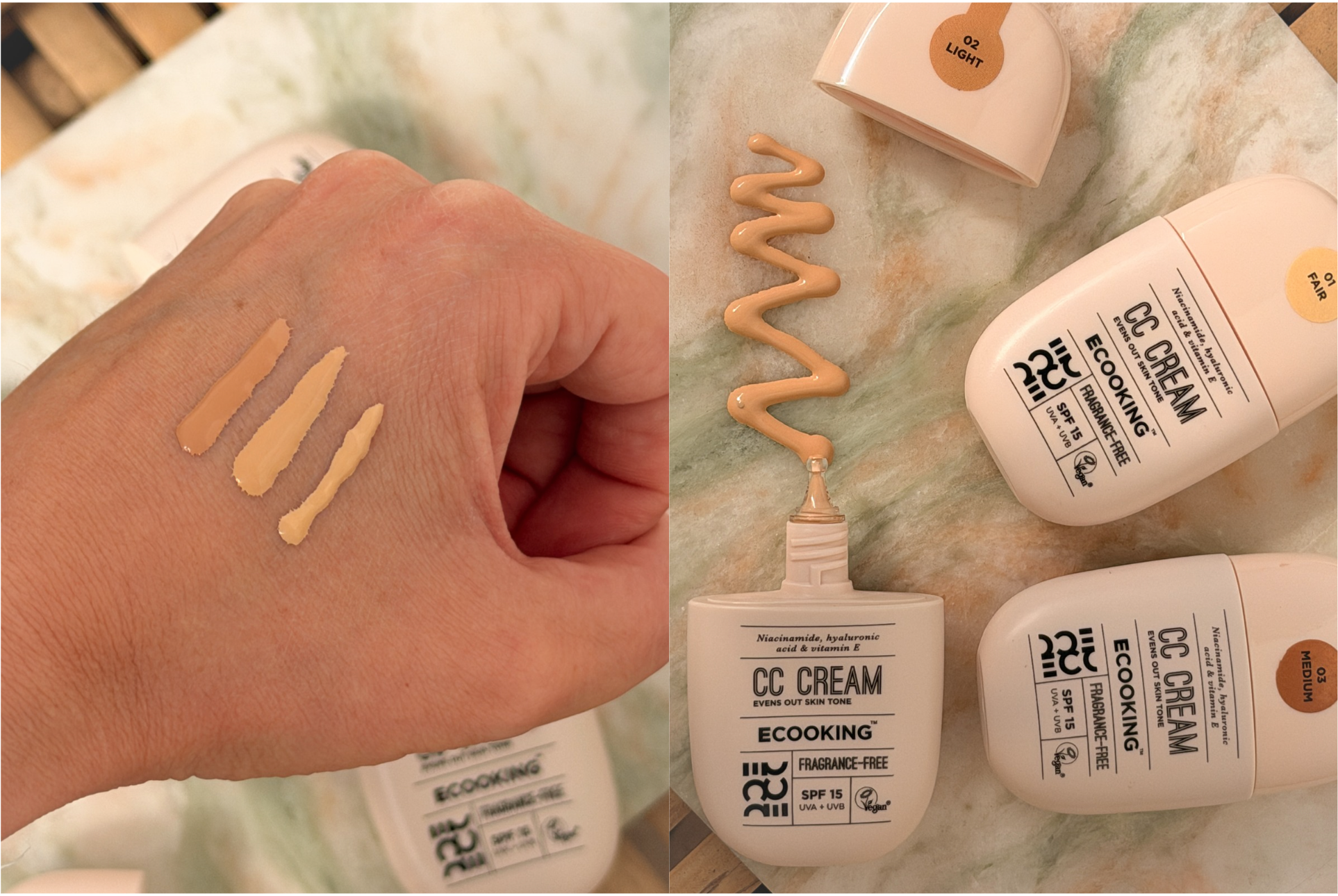 Ecooking CC Cream: Tre farveprøver på en hånd og flasker mærket 'CC Cream EVENS OUT SKIN TONE', 'SPF 15 UVA + UVB', 'Fragrance-Free', 'Vegan', samt nuancerne '01 FAIR', '02 LIGHT', '03 MEDIUM'.