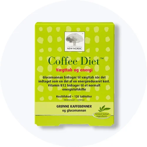 New Nordic Coffee Diet kosttilskud i lysegrøn æske på lys grå baggrund.