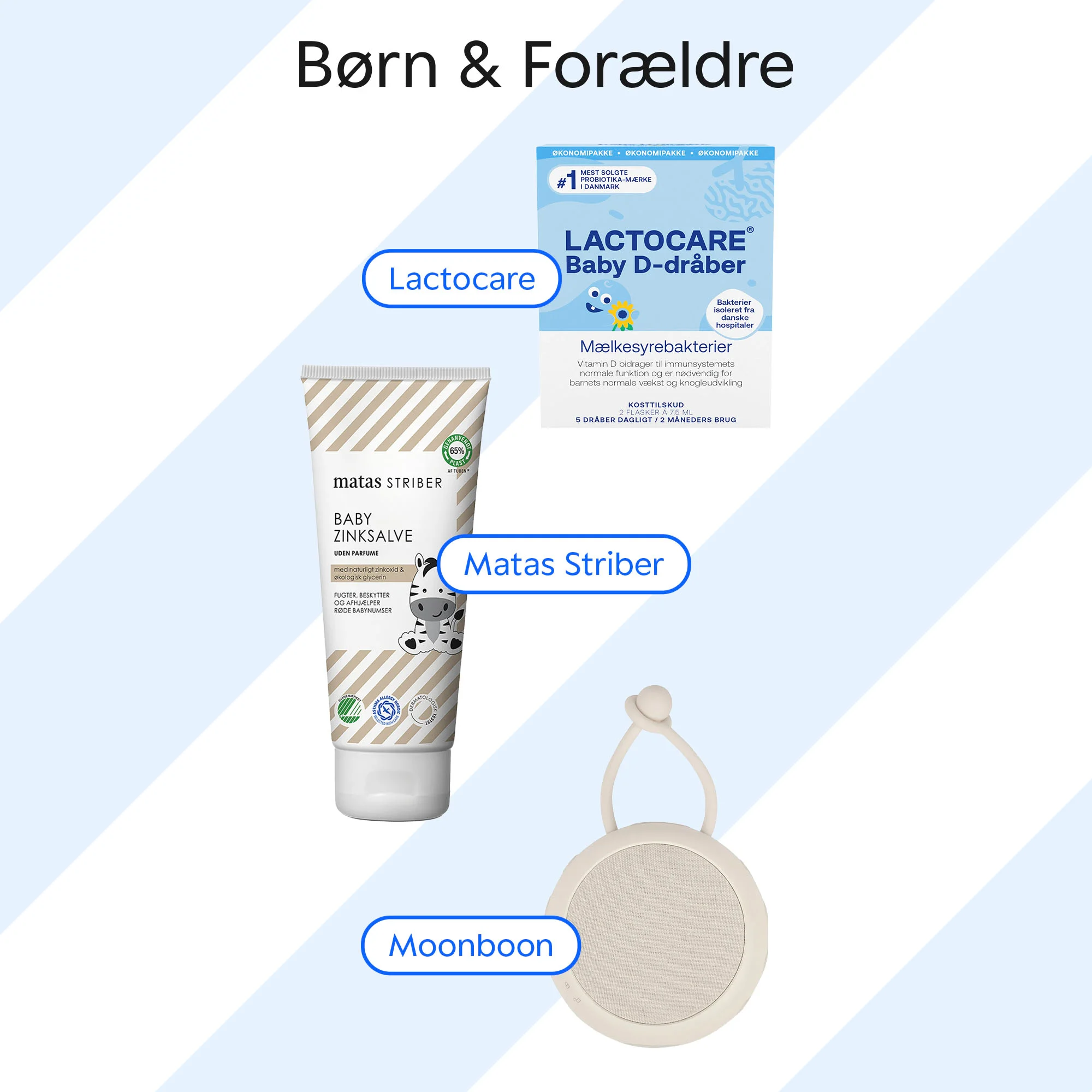 Grafik med udvalgte produkter til børn og forældre: Matas Striber Baby Zinksalve, Lactocare Baby D-dråber og Moonboon-produkt på lyseblå stribet baggrund.