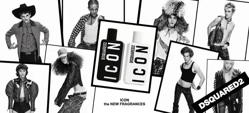 Her ses et billede, som er sort og hvidt. Der er mange forskellige mennesker og i midten ses to Dsquared2 produkter - et sort og et hvidt.